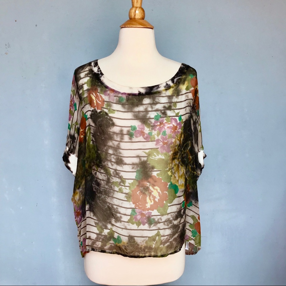Anthropologie language silk floral striped tee